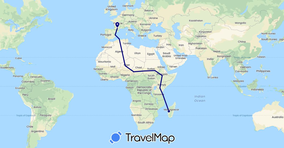 TravelMap itinerary: driving in Algeria, Spain, Ethiopia, France, Kenya, Madagascar, Niger, Sudan, Chad, Tanzania (Africa, Europe)